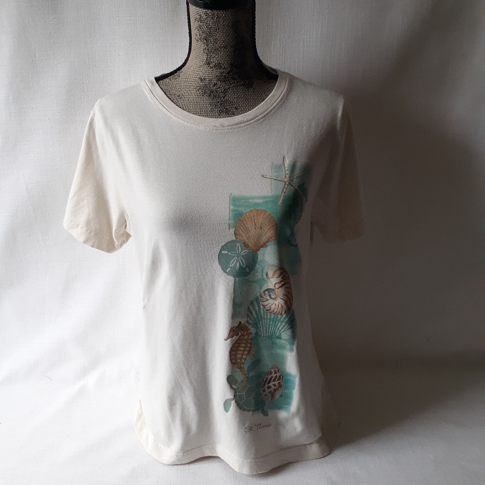 L A T women's beige graphic short sleeve t-shirt
